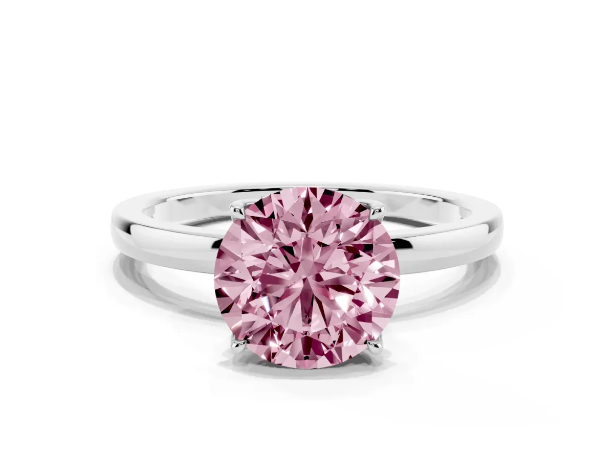 Fancy Pink Round Cut Diamond Solitaire Ring with Thin Band and Prong Setting Platinum