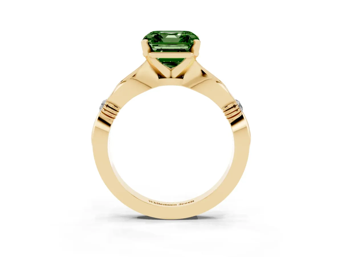 Fancy Green Asscher Cut Solitaire Diamond Twisted Band with Four-Prong Setting Yellow gold