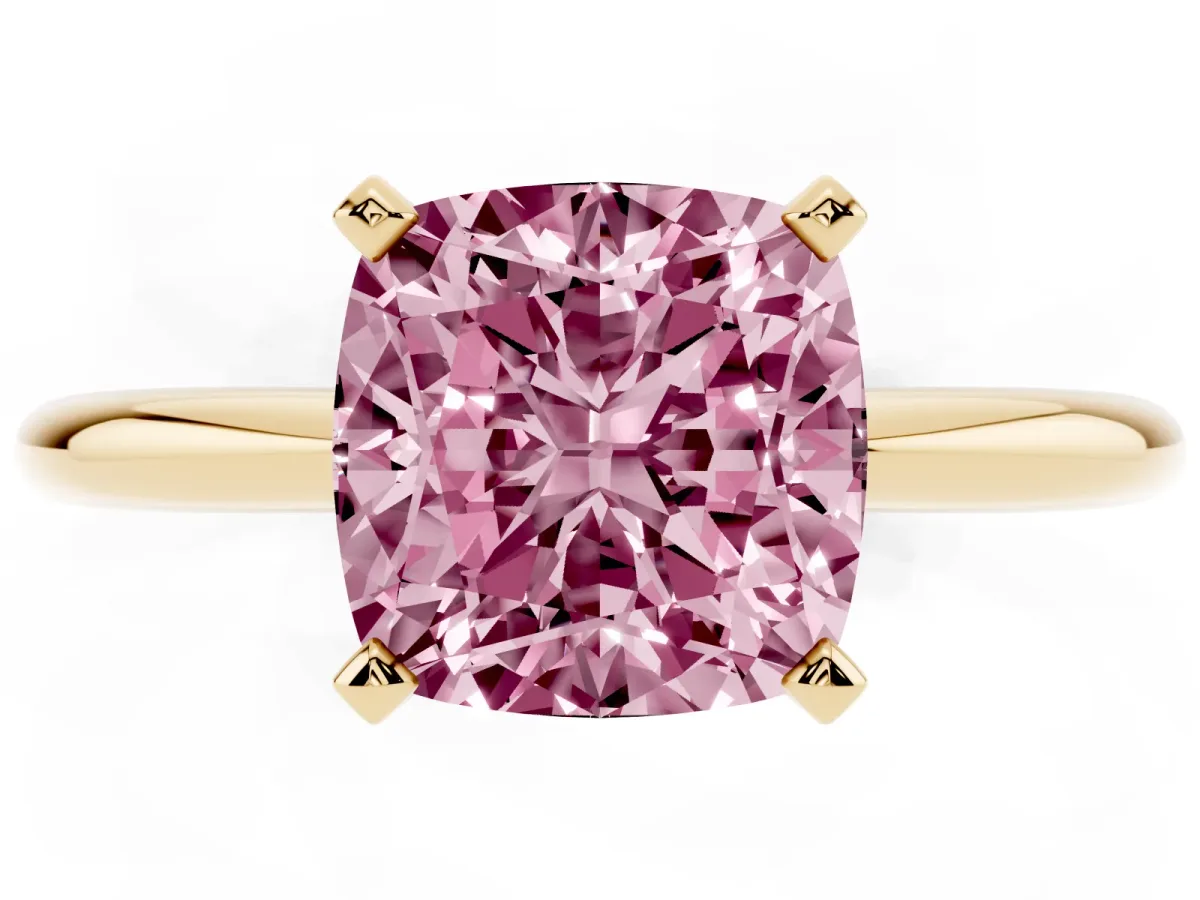 Fancy Pink Cushion Cut Diamond Solitaire Ring with Prong Setting and Classic Band Yellow gold