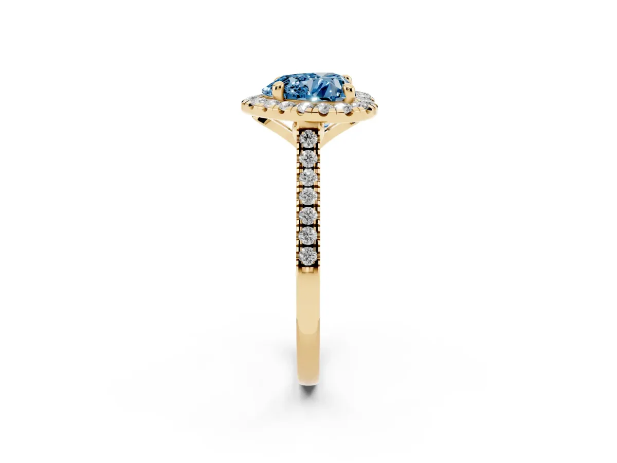 Fancy Blue Heart Cut Diamond Cushion Halo Ring with Pavé Band Yellow gold