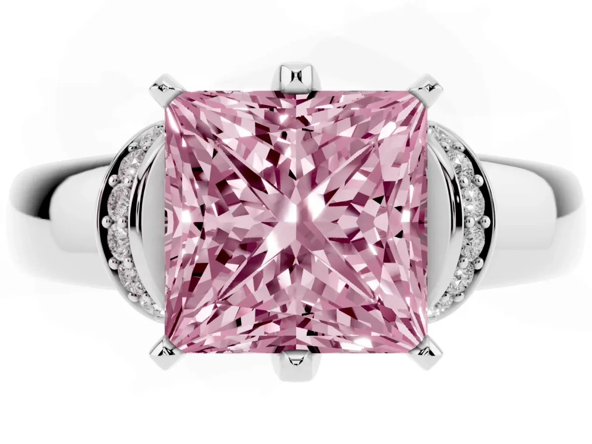 Fancy Pink Princess Cut Solitaire Diamond Ring with Pave Band and Six-Prong Setting White gold