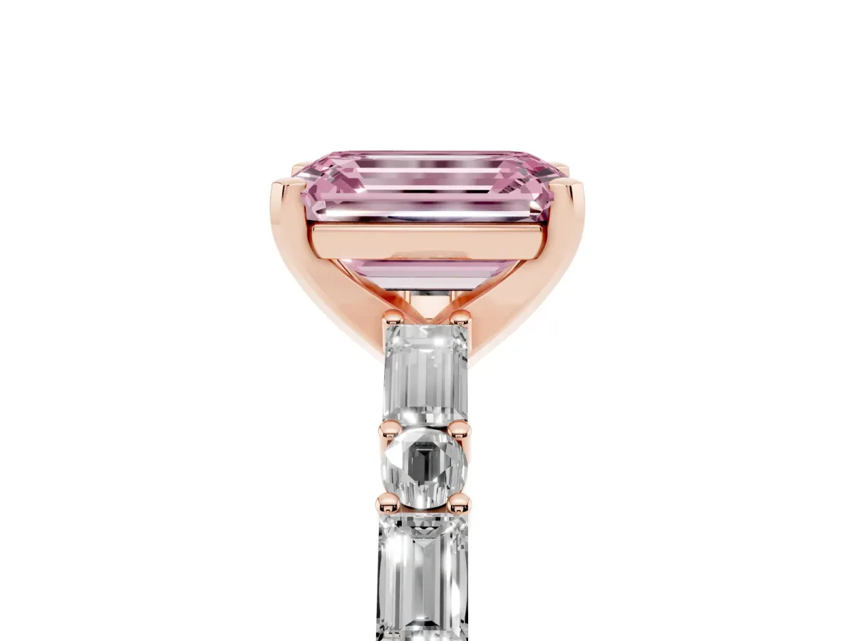 Fancy Pink Emerald Cut Diamond Solitaire with Side Baguettes and Channel Set Band Rose gold