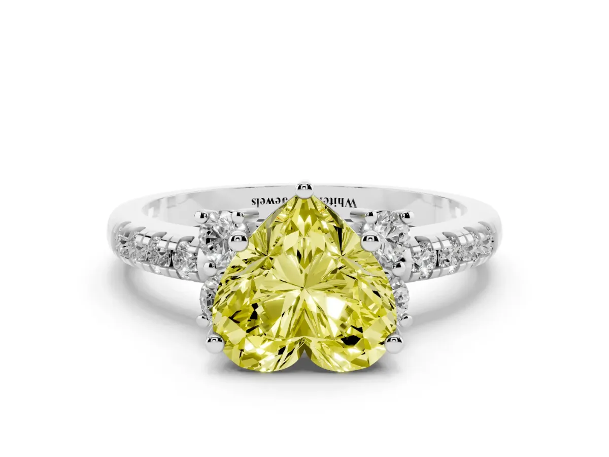 Fancy Yellow Heart Cut Diamond Three-Stone Pave Band with Four-Prong Setting Silver