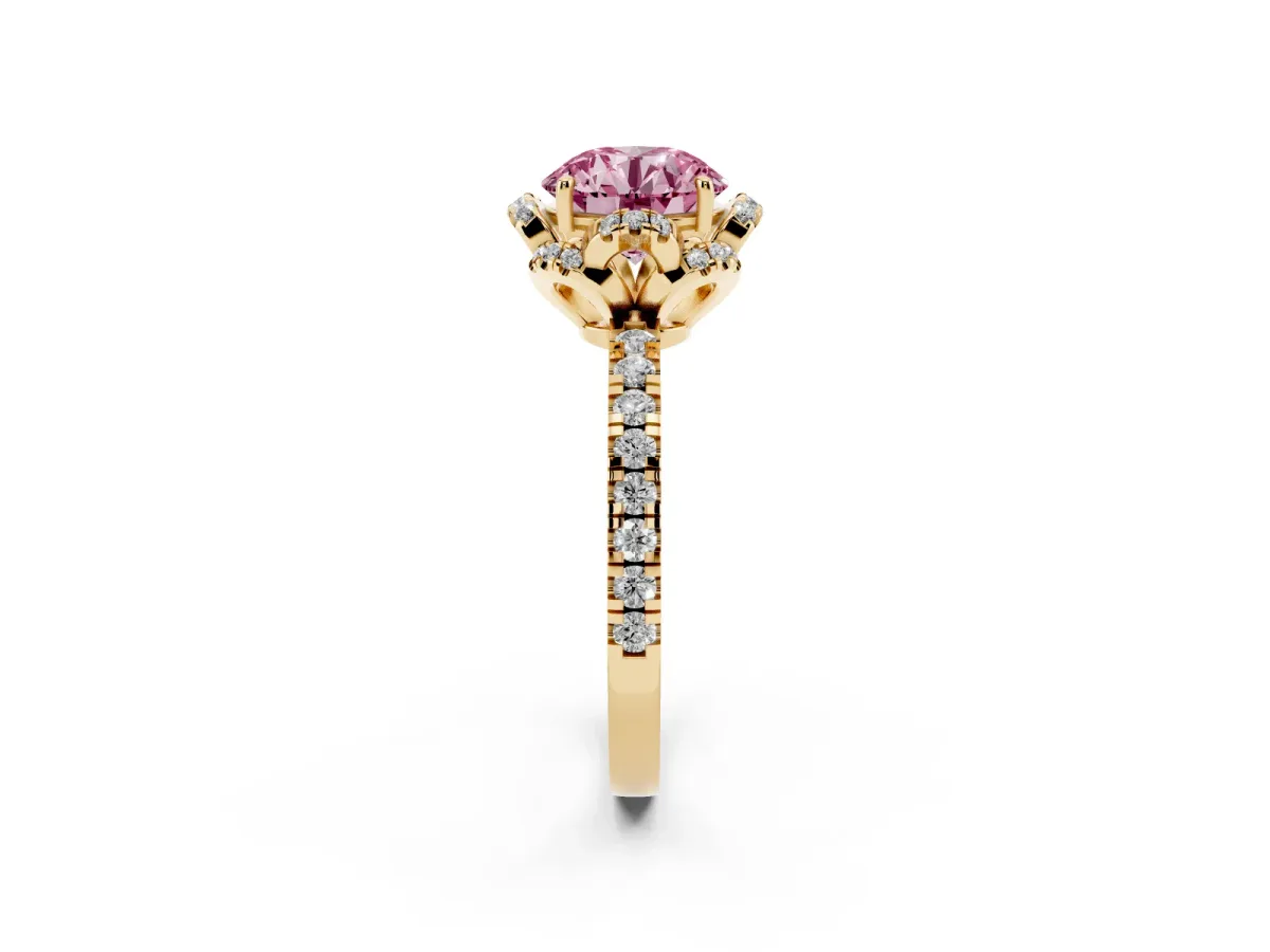 Fancy Pink Round Cut Diamond Halo Pave Band with Four-Prong Setting Yellow gold