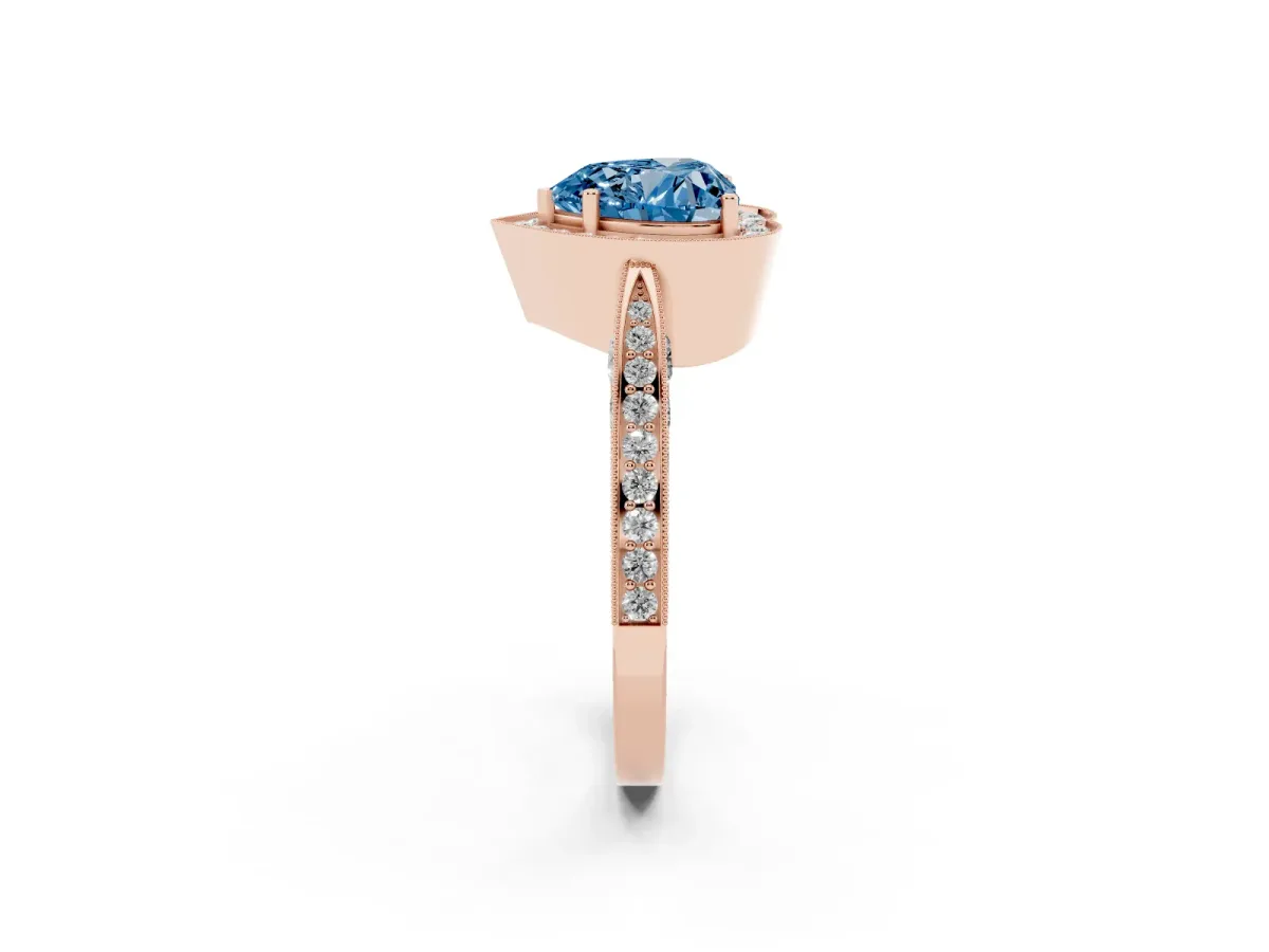 Fancy Blue Heart Cut Halo Diamond Engagement Ring with Split Shank Band and Four-Prong Setting Rose gold