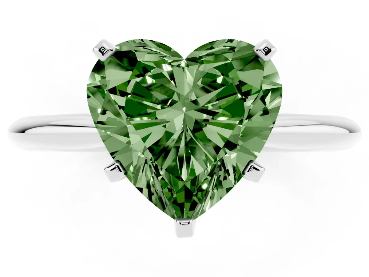 Fancy Green Heart Cut Cut Solitaire Ring with Four-Prong Setting on a Classic Band Platinum