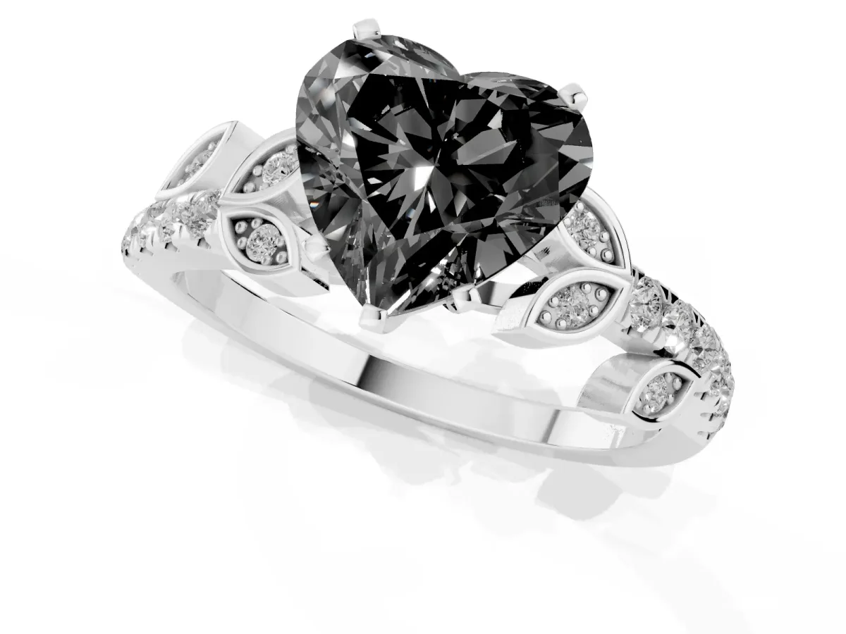 Fancy Black Heart Cut Solitaire Leaf-Inspired Diamond Ring with Pavé Band and Four-Prong Setting Silver