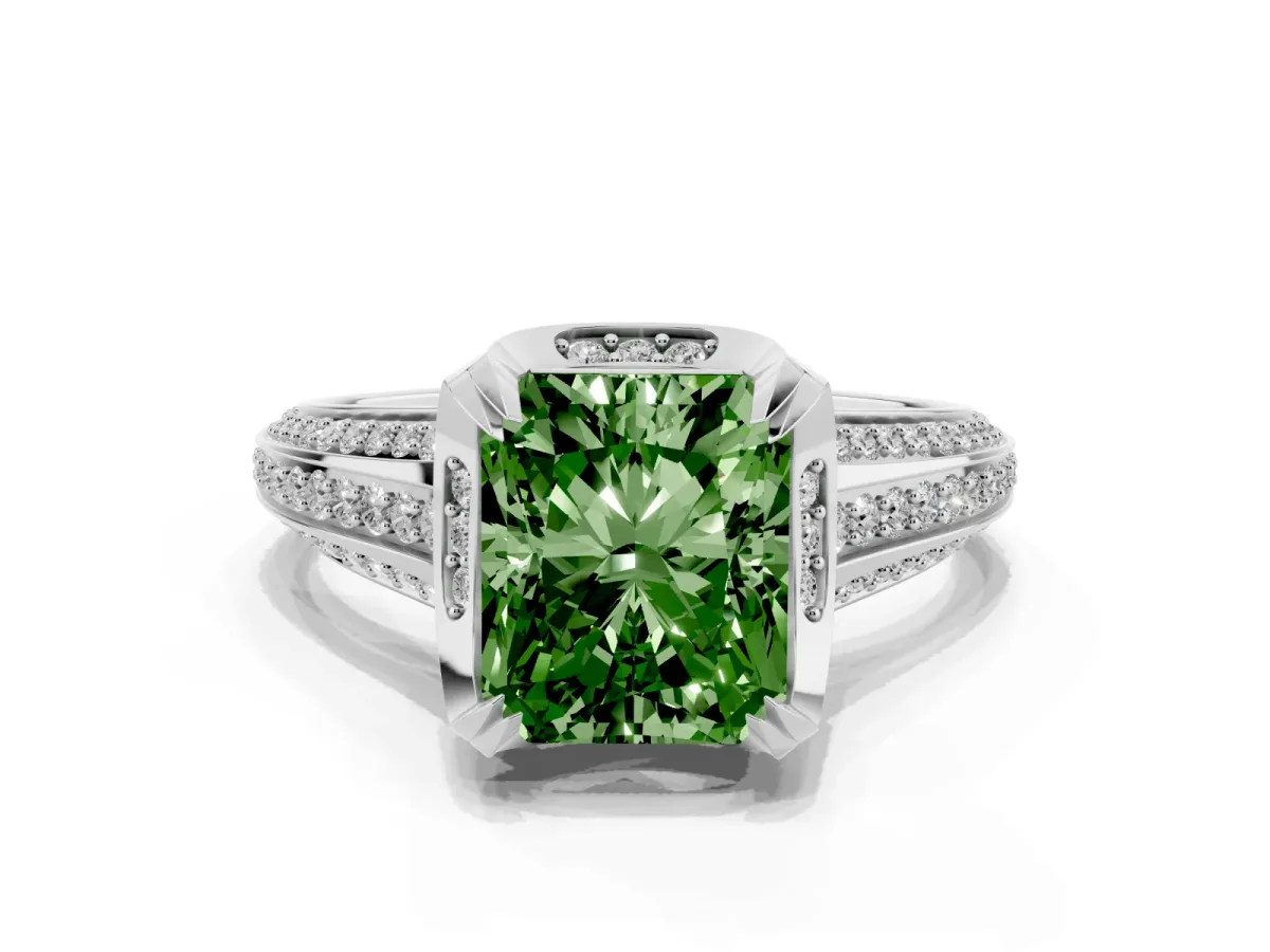 Fancy Green Radiant Cut Solitaire Pave Split Shank Ring with Four-Prong Setting Silver