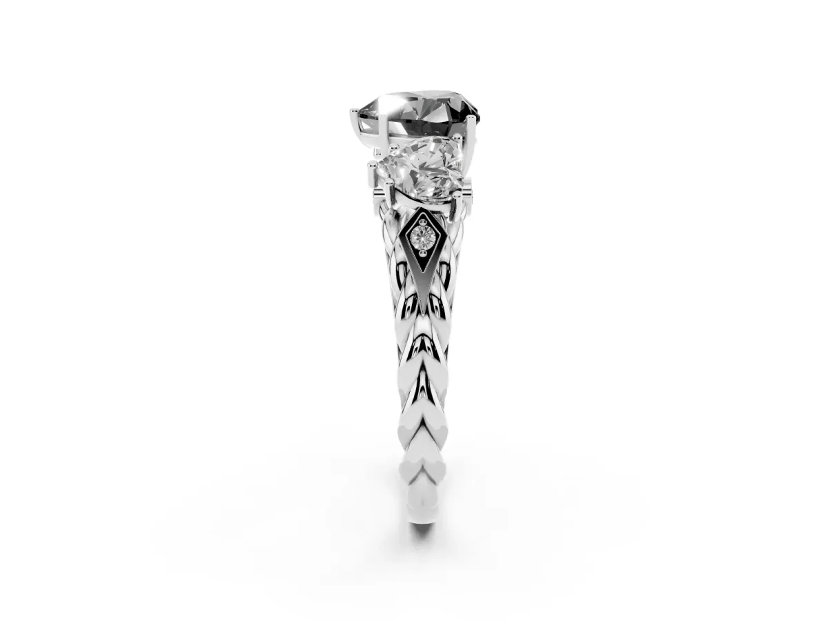 Fancy Black Three-Stone Heart Cut Diamond Braided Band Ring with Four-Prong Setting Silver