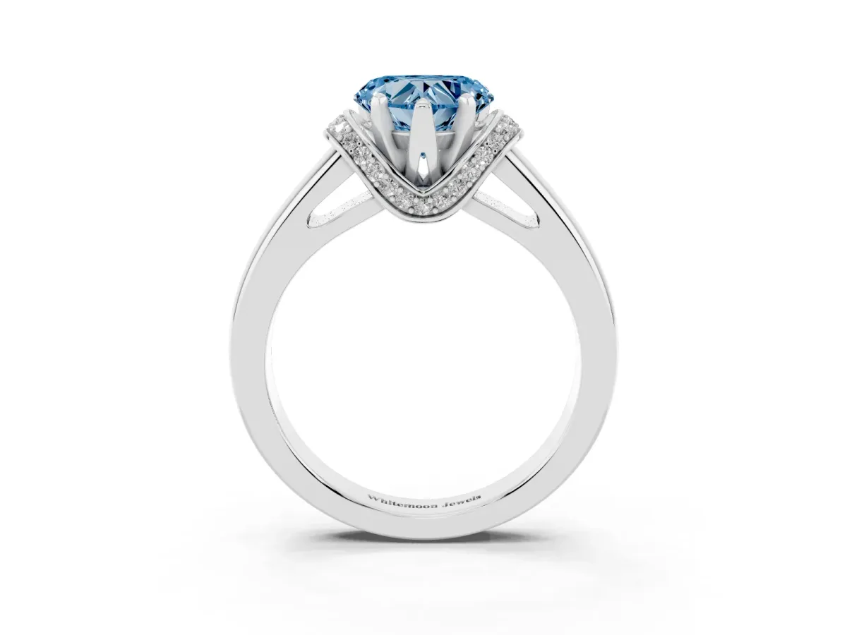 Fancy Blue Heart Cut Solitaire Diamond Ring with Pave Band and Six-Prong Setting Silver