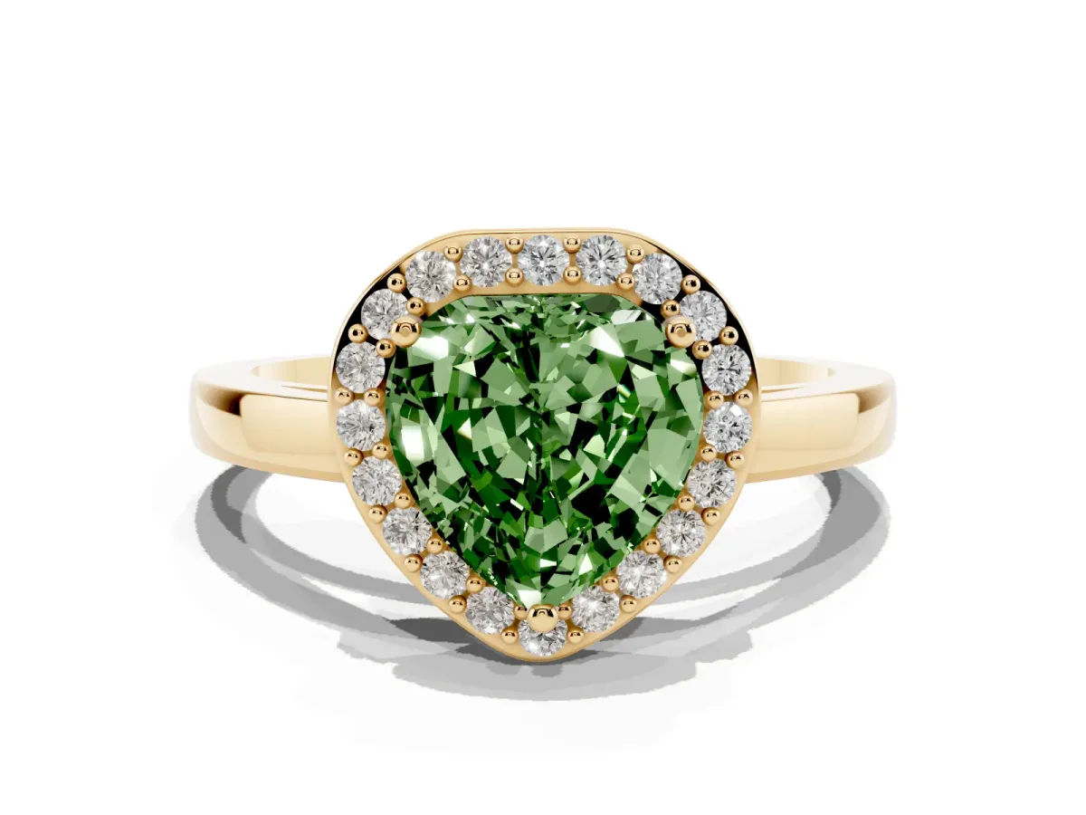 Fancy Green Heart Cut Halo Diamond Ring with Solitaire Band and Prong Setting Yellow gold