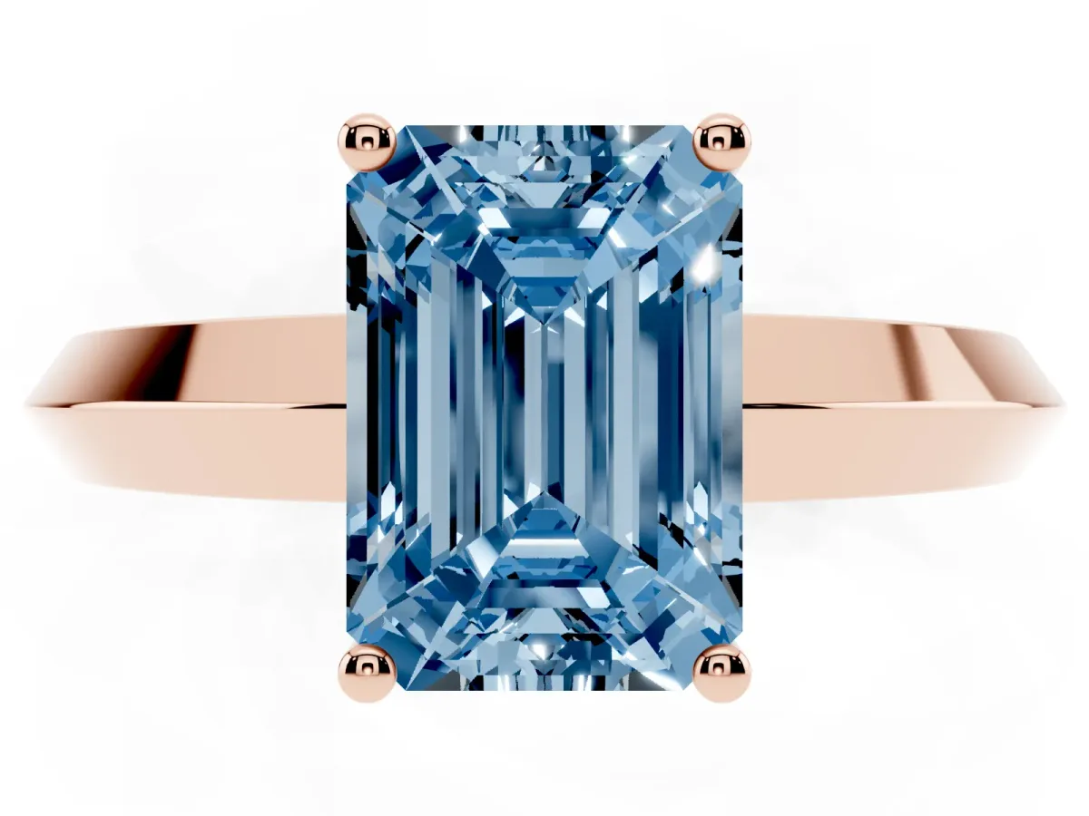 Fancy Blue Emerald Cut Cut Solitaire Engagement Ring with Flat Band and Four-Prong Setting Rose gold