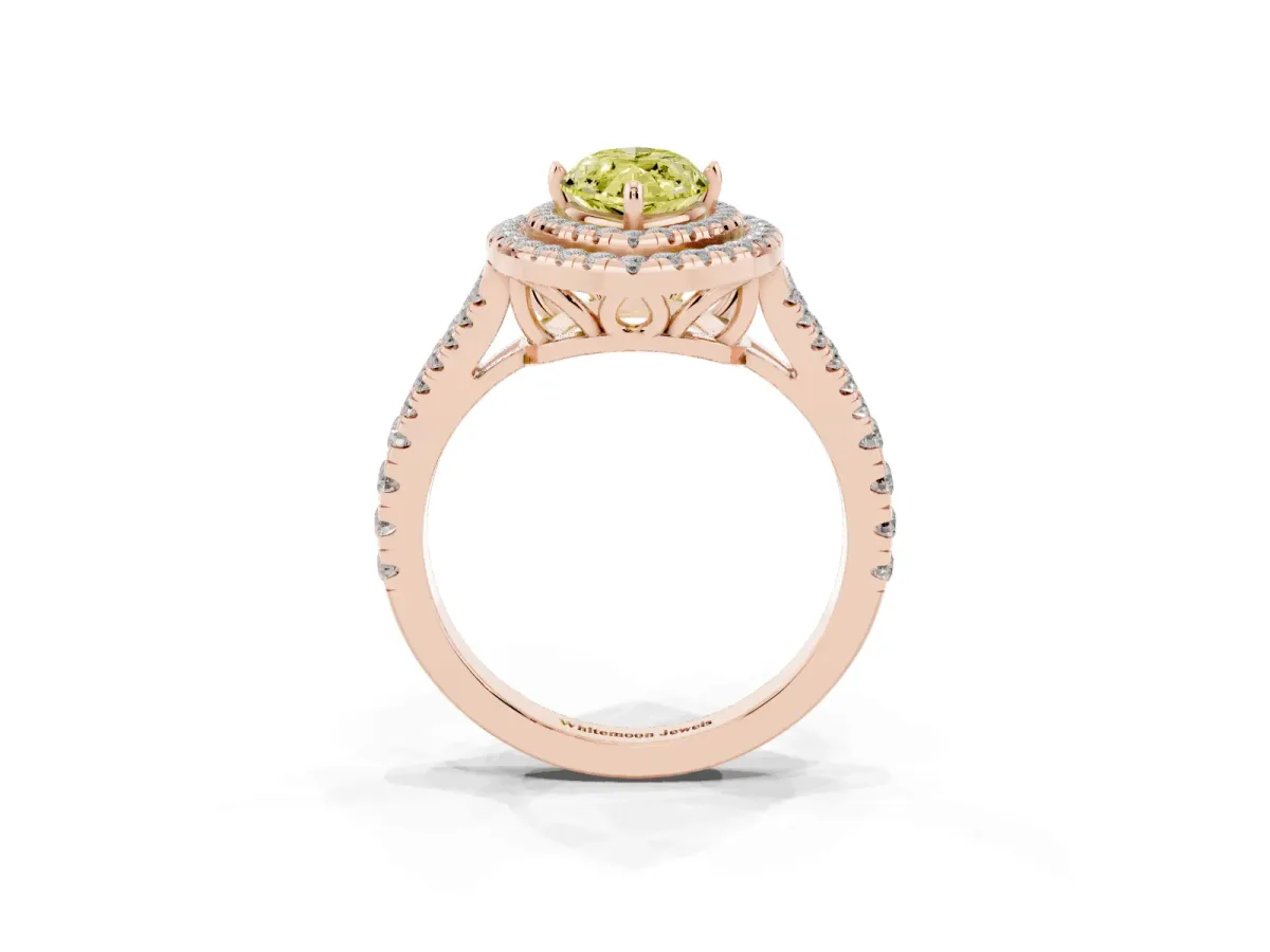 Fancy Yellow Marquise Cut Diamond Double Halo Ring with Pavé Band and Prong Setting Rose gold