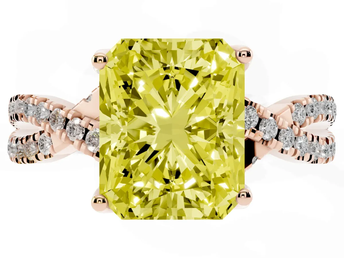 Fancy Yellow Radiant Cut Solitaire Twist Pave Diamond Engagement Ring with Prong Setting Rose gold