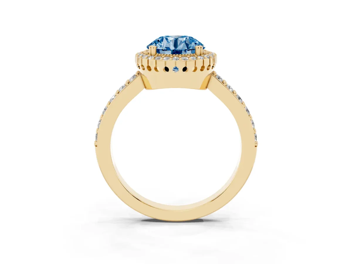Fancy Blue Round Cut Cut Diamond Halo Engagement Ring with Milgrain Detail and Pavé Band Yellow gold