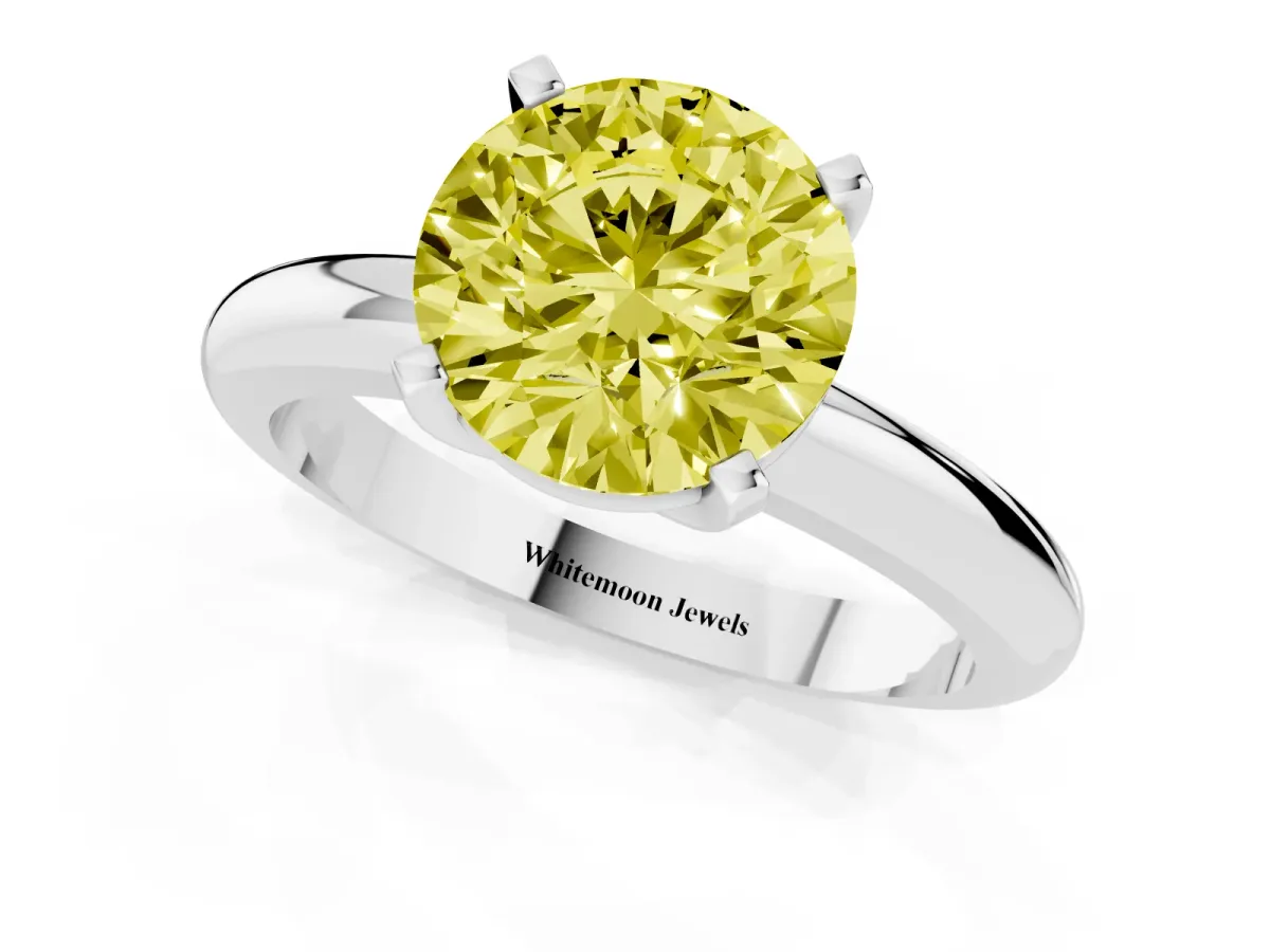 Fancy Yellow Round Cut Diamond Solitaire Engagement Ring with Round Band and Four-Prong Setting Platinum