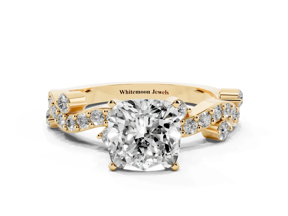 Cushion Cut Cut Solitaire Diamond Twisted Band with Pave Setting Yellow gold
