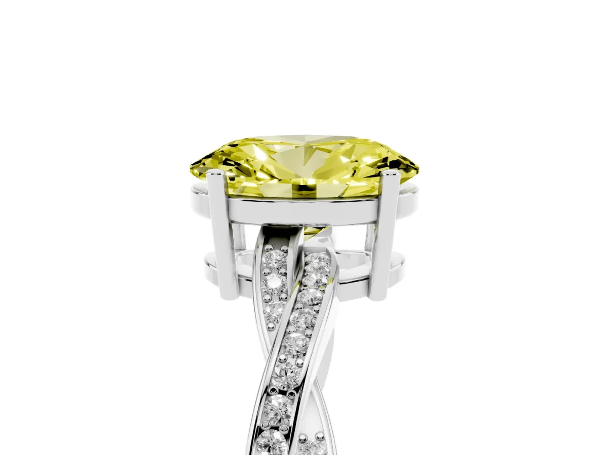 Fancy Yellow Oval Cut Solitaire Twisted Pave Diamond Ring with Four-Prong Setting White gold