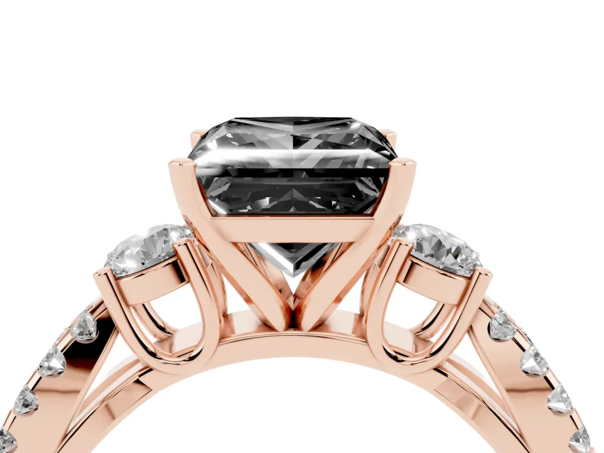 Fancy Black Princess Cut Diamond Three-Stone Ring with Pavé Split Shank and Four-Prong Setting Rose gold