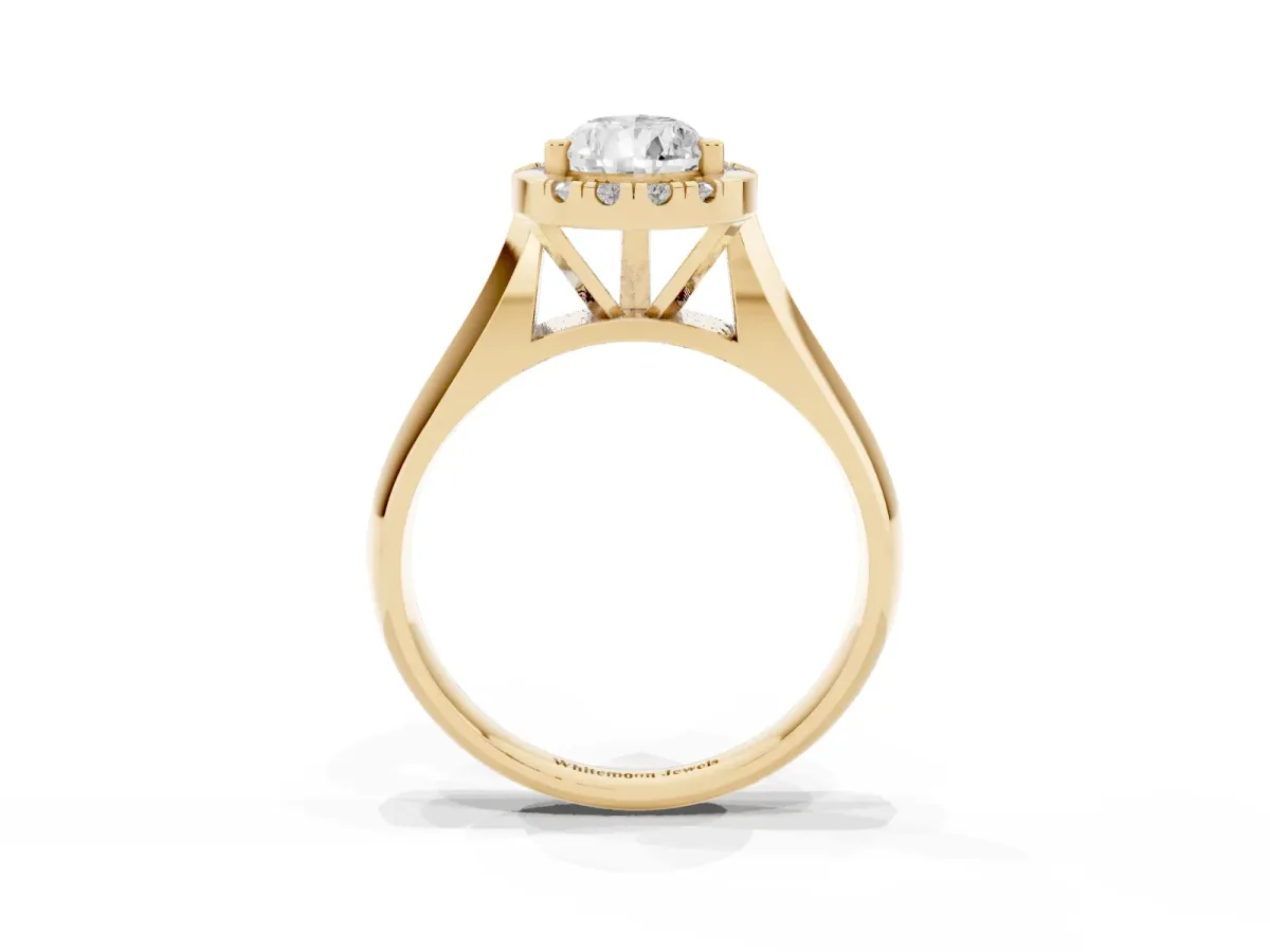 Pear Cut Cut Halo Solitaire Engagement Ring with Square Band and Four-Prong Setting Yellow gold