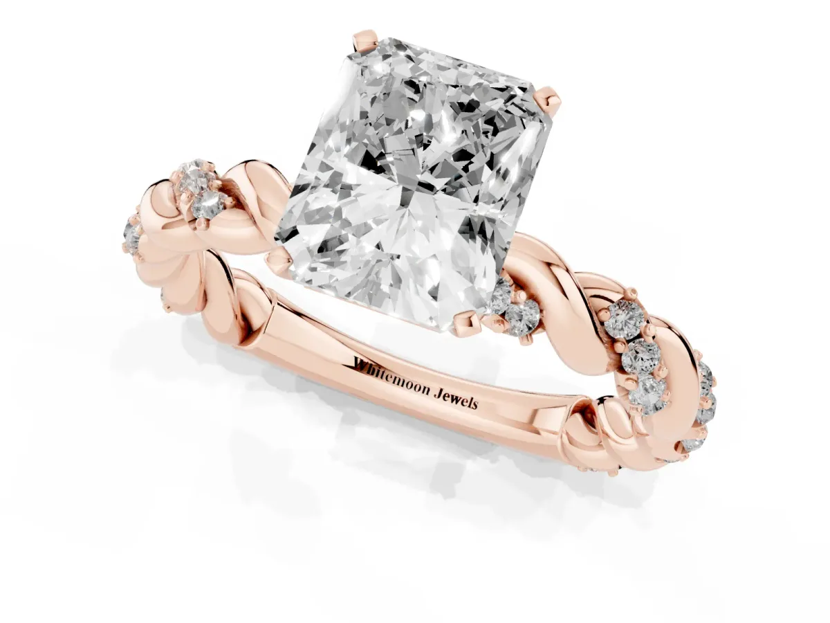 Radiant Cut Diamond Solitaire Ring with Twisted Band and Pavé Accents Rose gold
