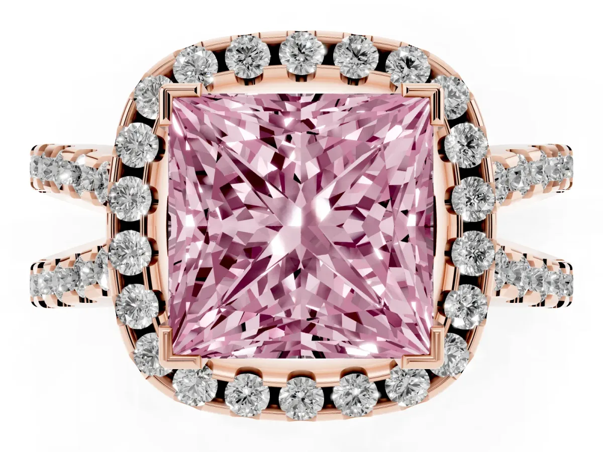 Fancy Pink Princess Cut Diamond Halo Ring with Split Shank Pavé Band and Prong Setting Rose gold