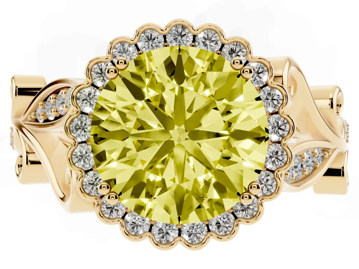 Fancy Yellow Round Cut Diamond Halo Ring with Vintage Split Shank and Four-Prong Setting Yellow gold