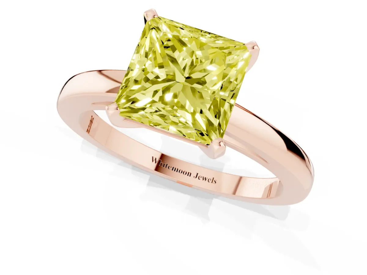 Fancy Yellow Princess Cut Solitaire Diamond Engagement Ring with Four-Prong Setting on a Classic Band Rose gold