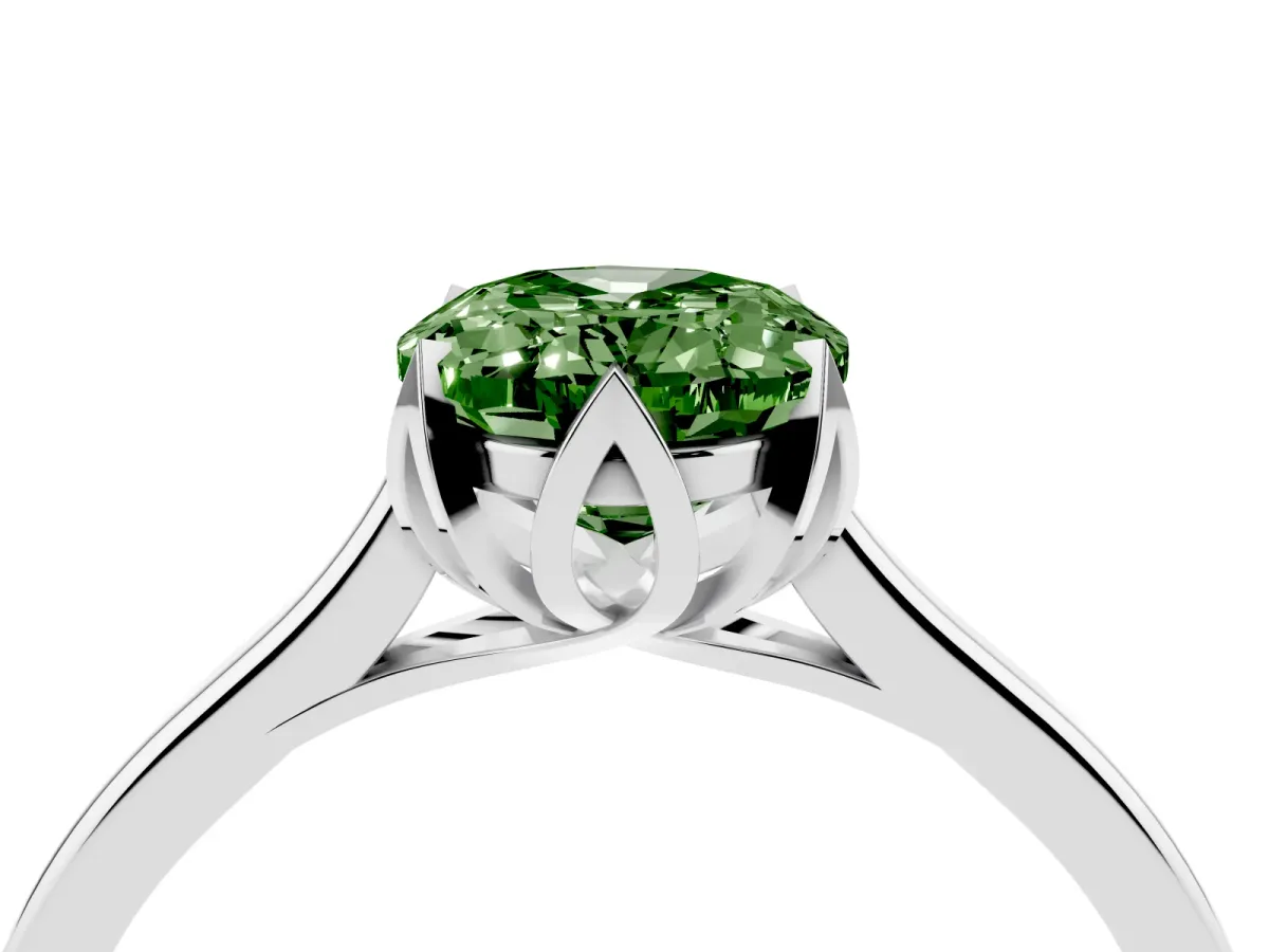 Fancy Green Oval Cut Diamond Solitaire Ring with Flower Prong Setting and Classic Band Silver
