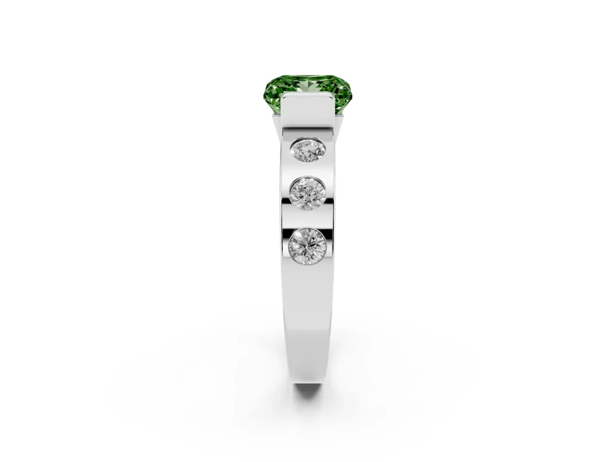 Fancy Green Princess Cut Brilliant Channel-Set Diamond Ring with Bezel Prong Setting Silver