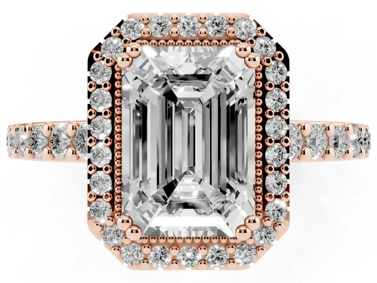 Emerald Cut Cut Diamond Halo Engagement Ring with Milgrain Detail and Pavé Band Rose gold