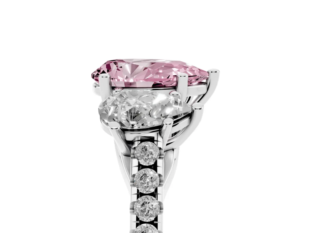 Fancy Pink Three-Stone Pear Cut Diamond Ring with Round Pavé Band and Prong Setting Silver