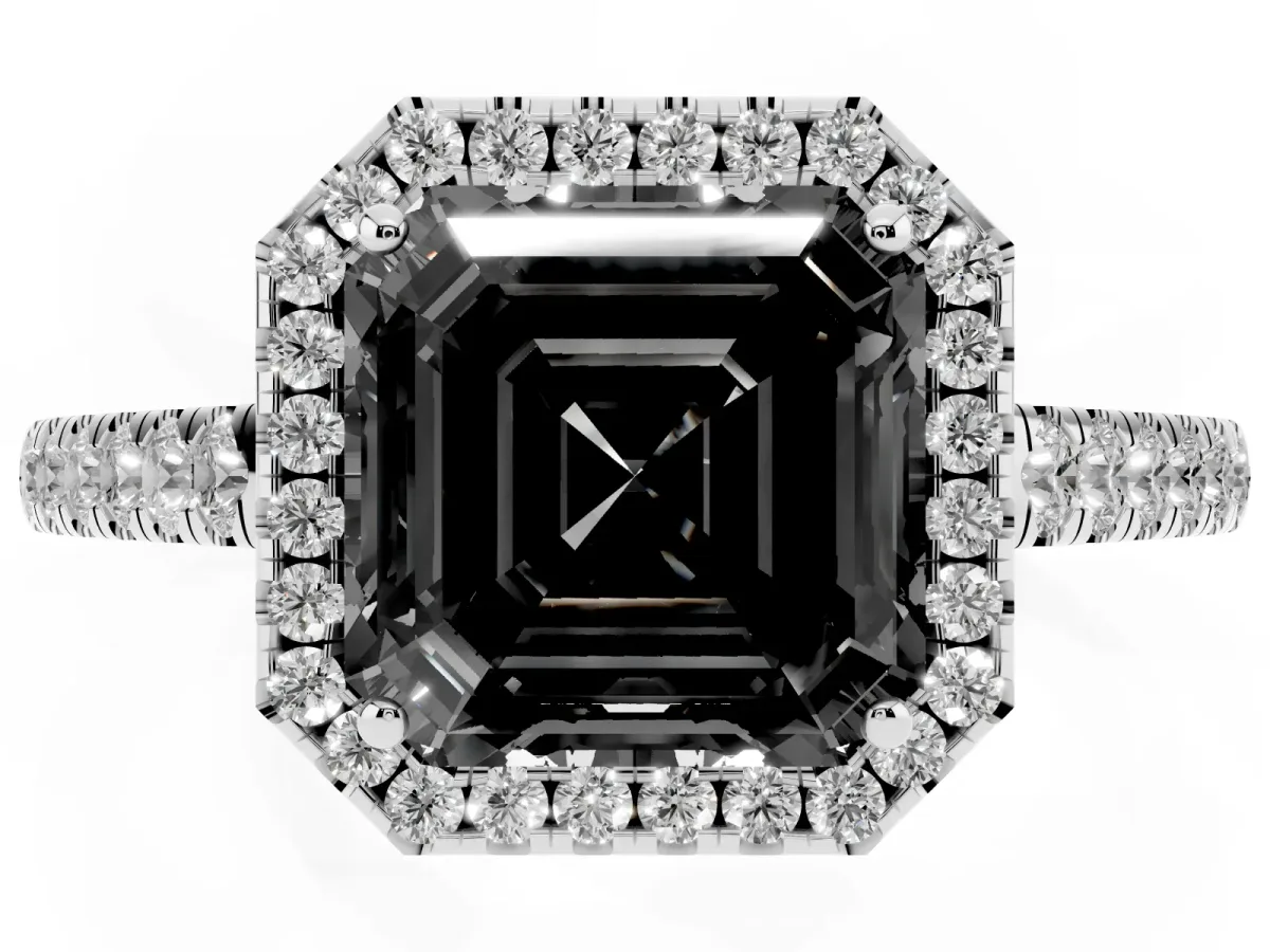 Fancy Black Asscher Cut Halo Pave Diamond Engagement Ring with Four-Prong Setting Silver