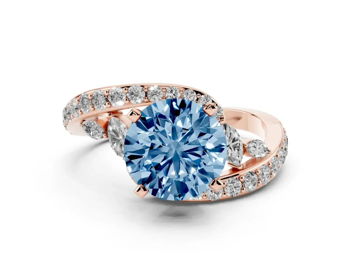Fancy Blue Round Cut Solitaire with Pavé Twist Band and Four-Prong Setting Rose gold