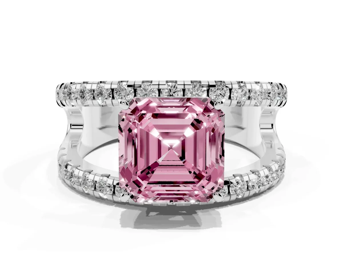 Fancy Pink Asscher Cut Solitaire Split Shank Pave Diamond Ring Platinum