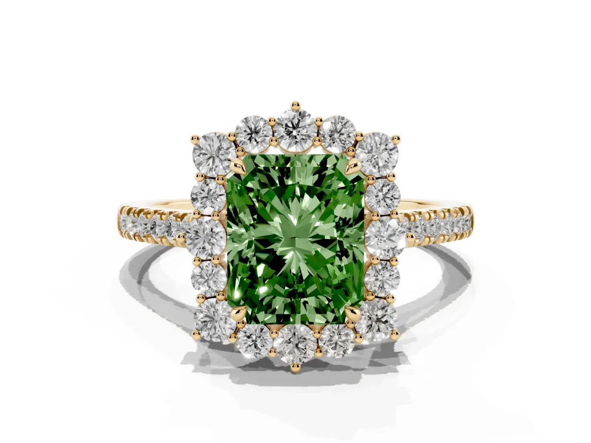 Fancy Green Radiant Cut Halo Diamond Ring with Pavé Band and Prong Setting Yellow gold