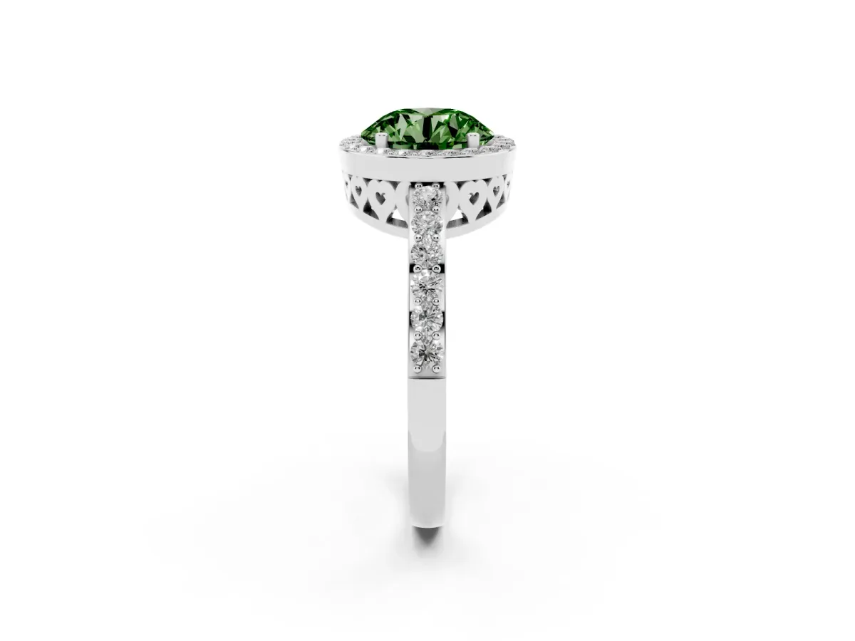 Fancy Green Round Cut Halo Diamond Pavé Band Ring with Prong Setting Silver