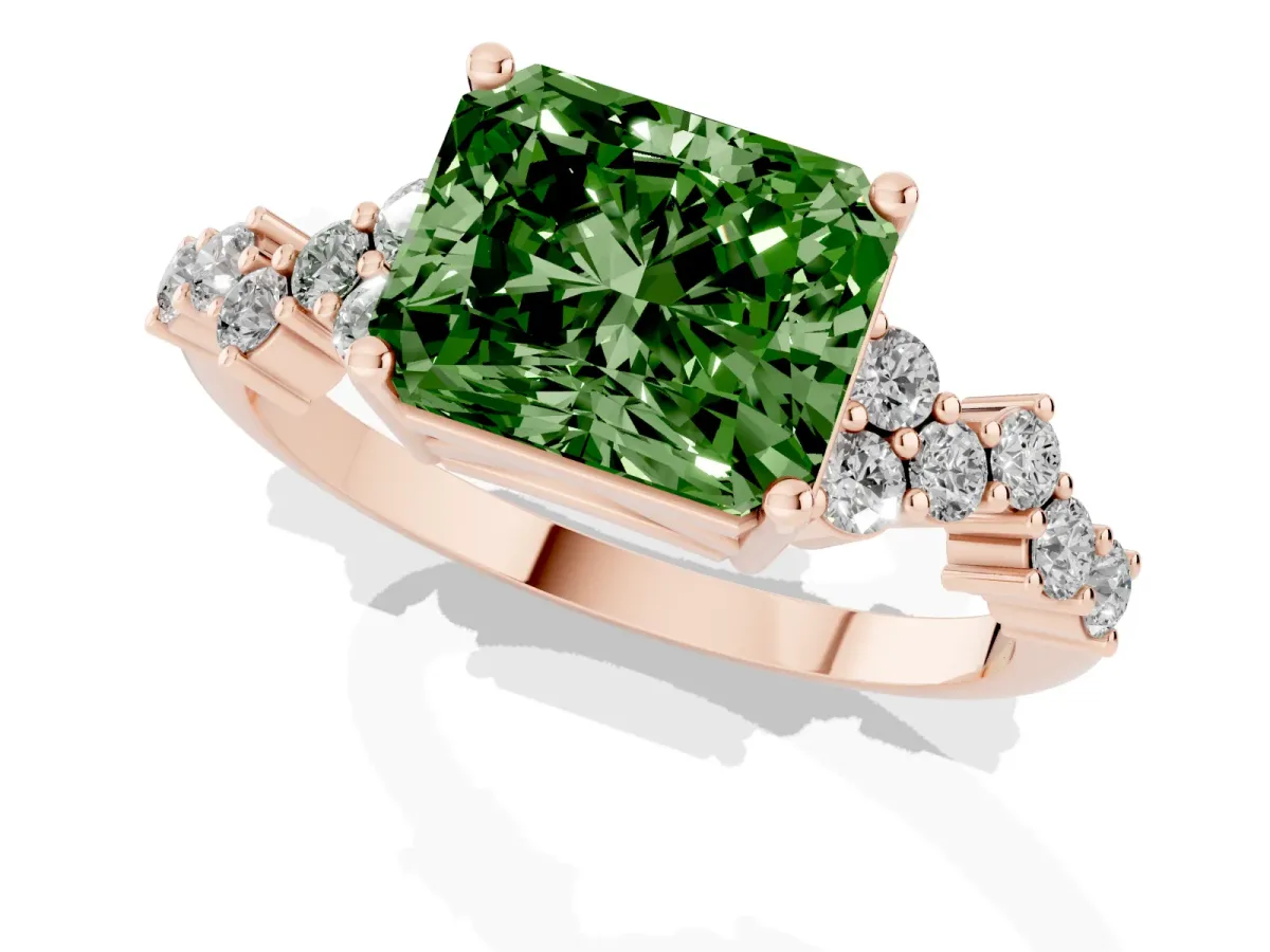 Fancy Green Radiant Cut Diamond Scattered Round Accent Ring with Prong Setting Rose gold