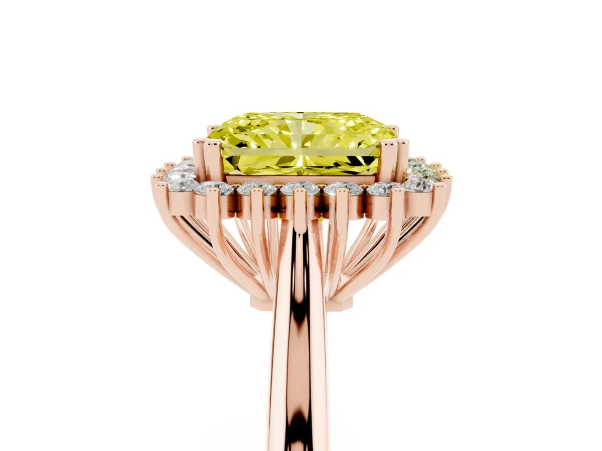Fancy Yellow Radiant Cut Cut Diamond Halo Ring with Solitaire Band and Prong Setting Rose gold