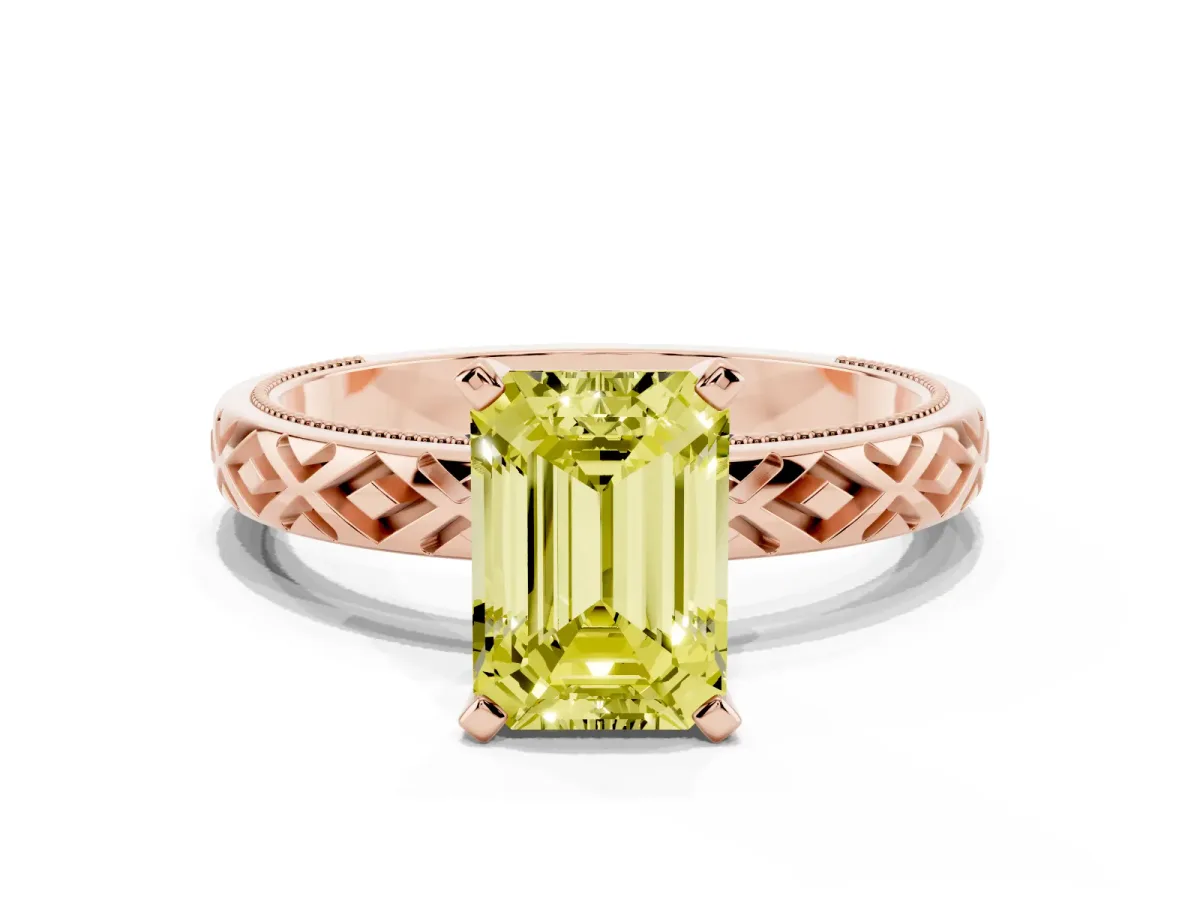 Fancy Yellow Emerald Cut Solitaire Diamond Ring with Milgrain and Black Enamel X Pattern Band Rose gold