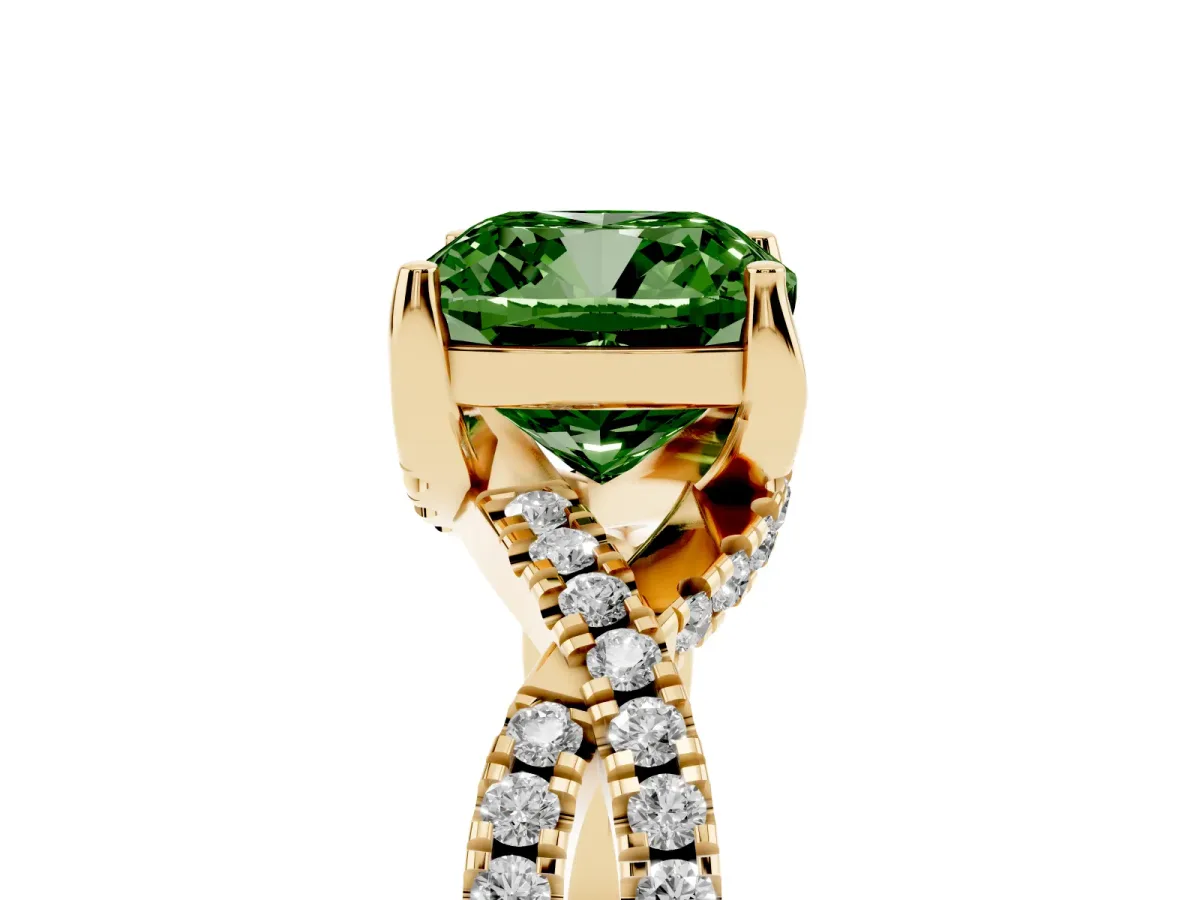Fancy Green Cushion Cut Solitaire Twist Pave Diamond Engagement Ring with Prong Setting Yellow gold