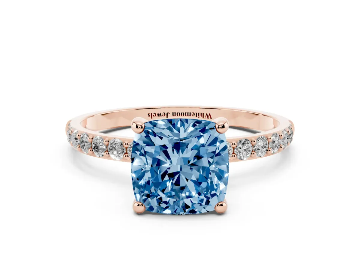 Fancy Blue Cushion Cut Diamond Solitaire Ring with Round Pavé Band and Prong Setting Rose gold