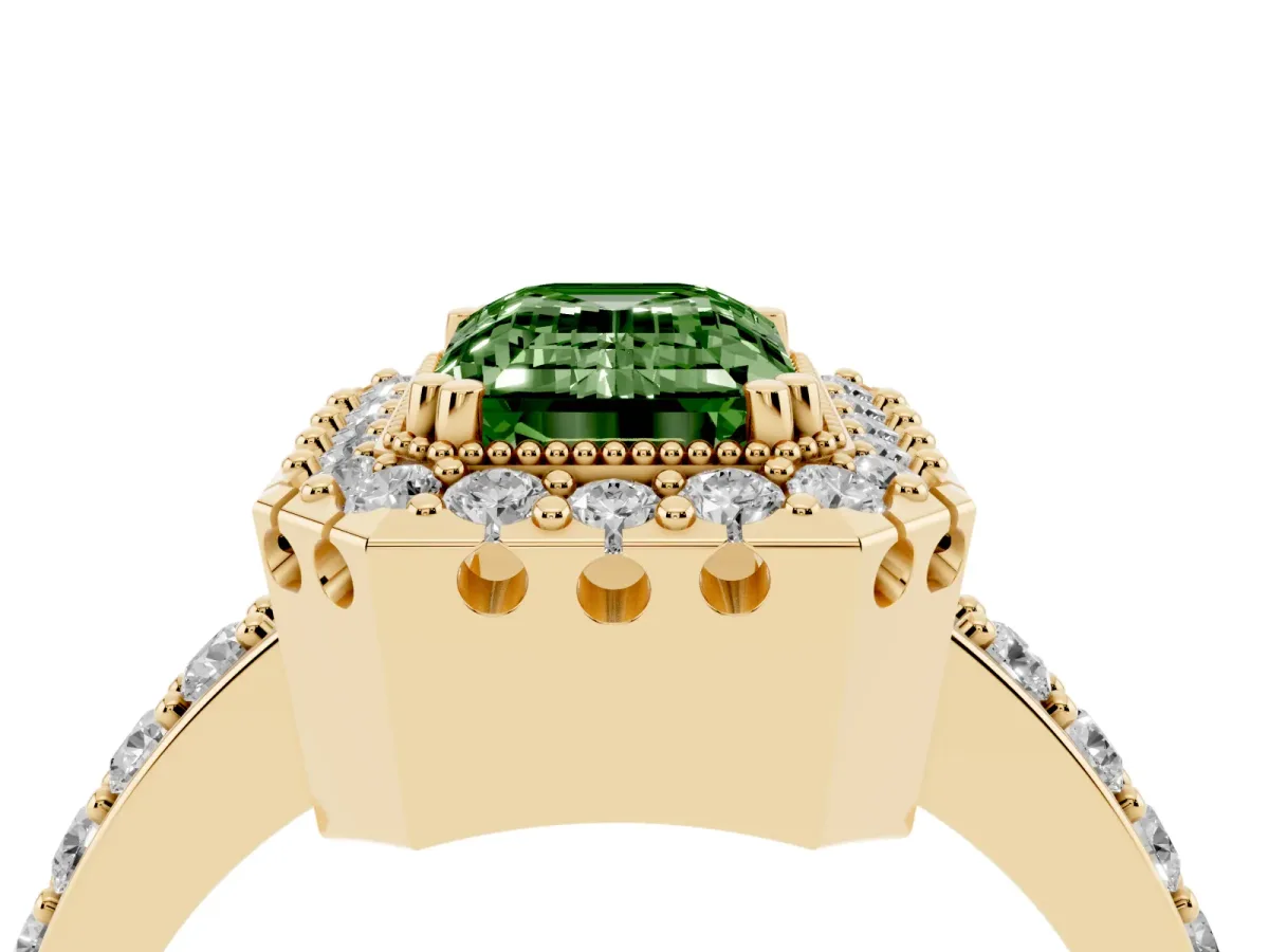Fancy Green Emerald Cut Diamond Halo Ring with Pavé Band and Prong Setting Yellow gold