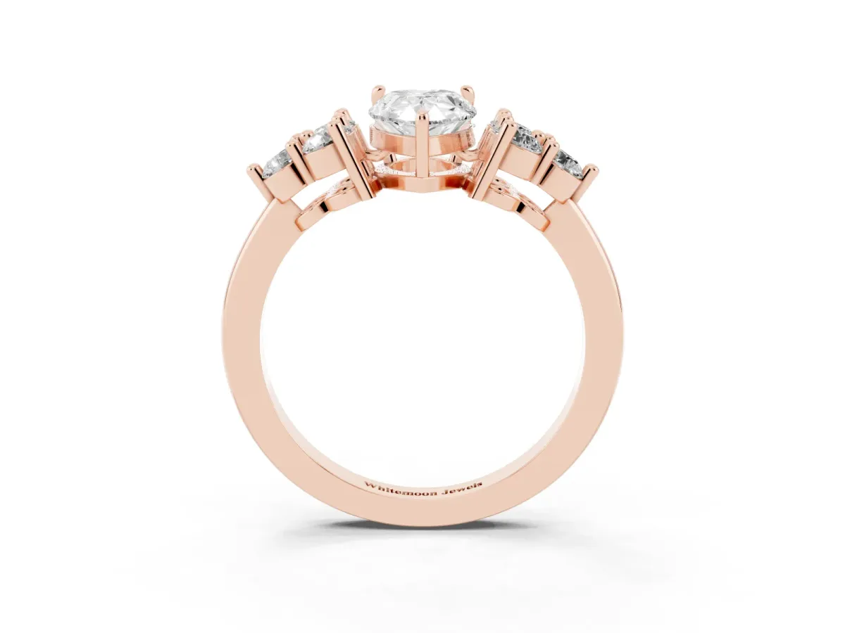 Pear Cut Brilliant Diamond Cluster Accent Solitaire Ring with Prong Setting Rose gold