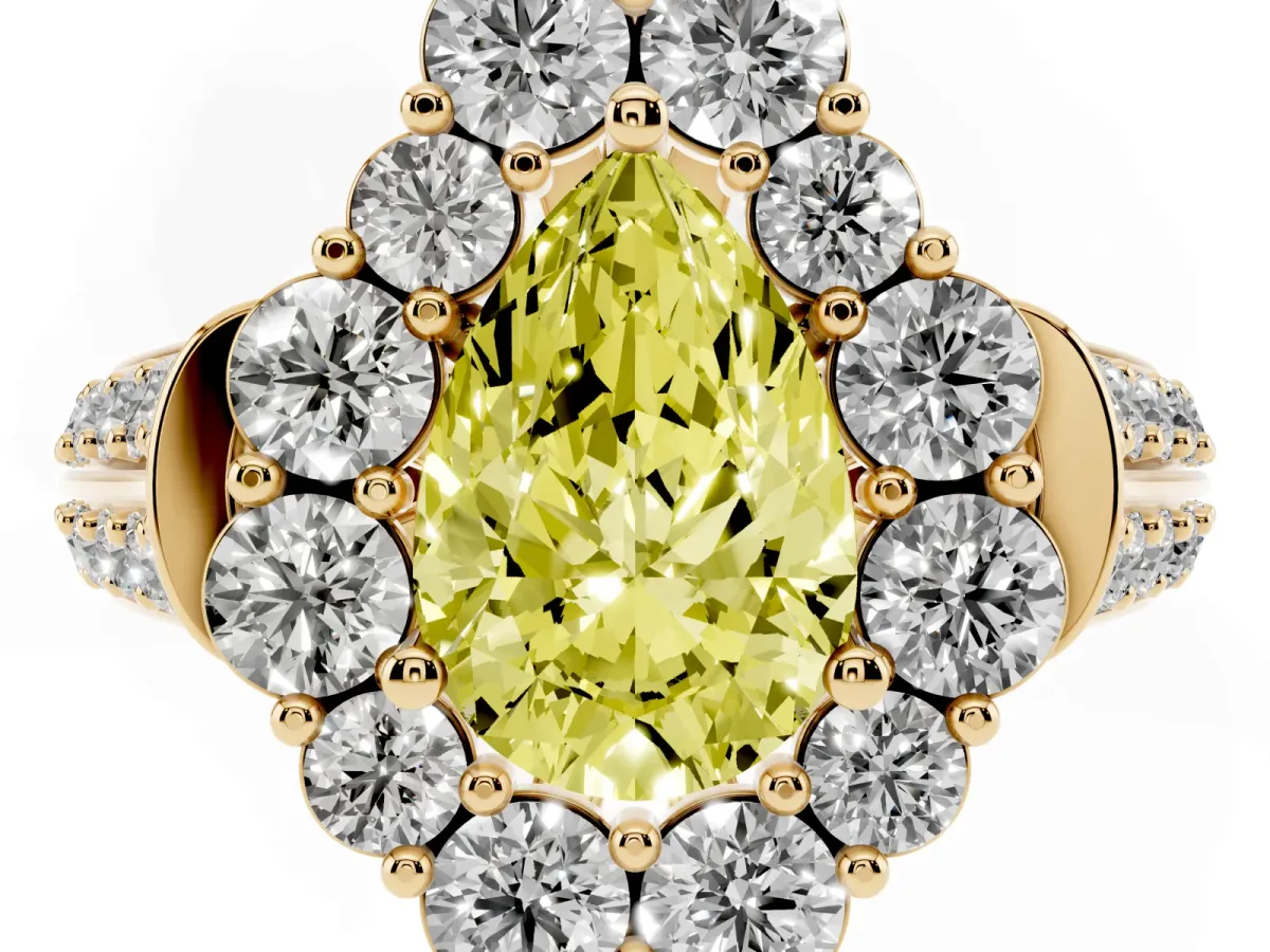 Fancy Yellow Pear Cut Halo Diamond Engagement Ring with Split Shank and Prong Setting Yellow gold