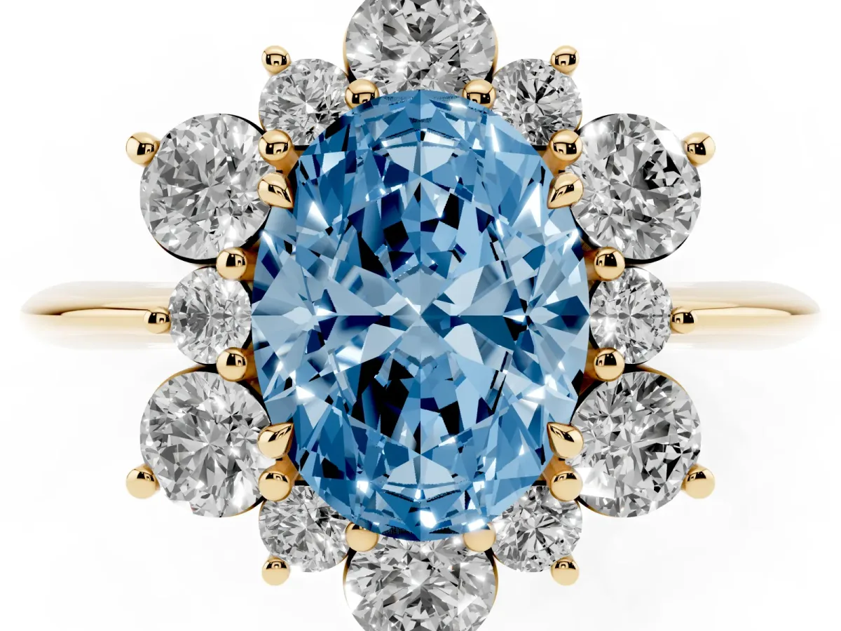 Fancy Blue Oval Cut Diamond Cluster Halo Ring with Solitaire Band and Four-Prong Setting Yellow gold
