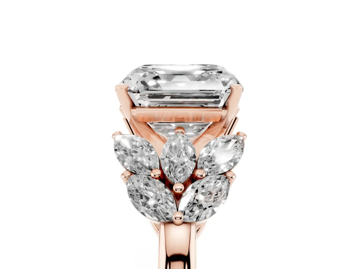 Asscher Cut Diamond Cluster Leaf Design Ring with Prong Setting Rose gold
