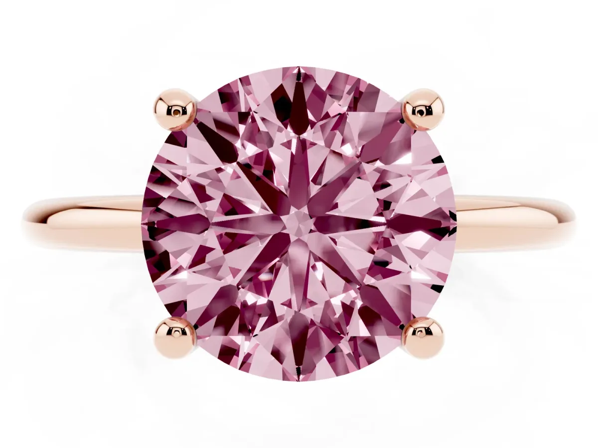 Fancy Pink Round Cut Solitaire Diamond Ring with 4-Prong Setting on a Classic Band Rose gold