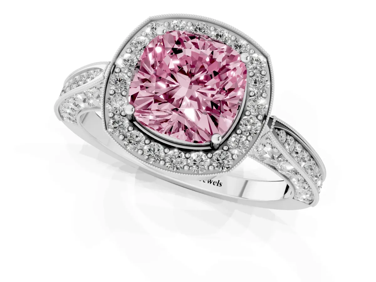 Fancy Pink Cushion Cut Halo Diamond Engagement Ring with Split Shank Band and Four-Prong Setting Silver