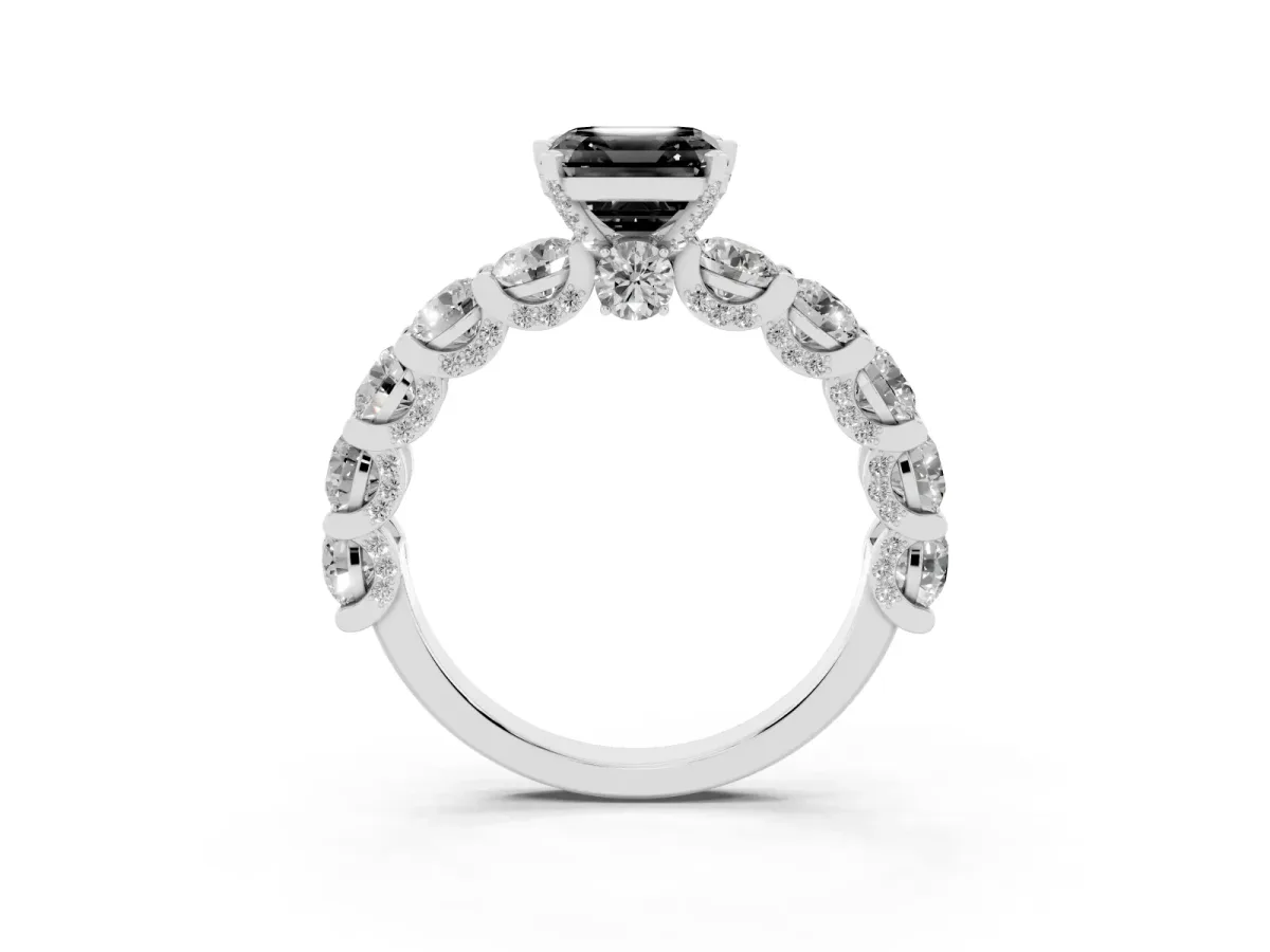 Fancy Black Asscher Cut Diamond Side Stone Engagement Ring with Four-Prong Setting Platinum